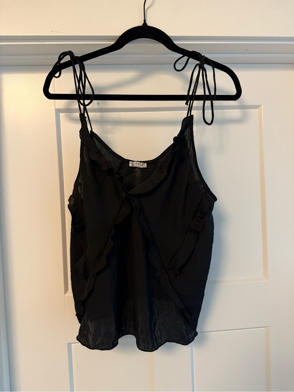 Black Free People Tie-Shoulder Ruffle Cami Top